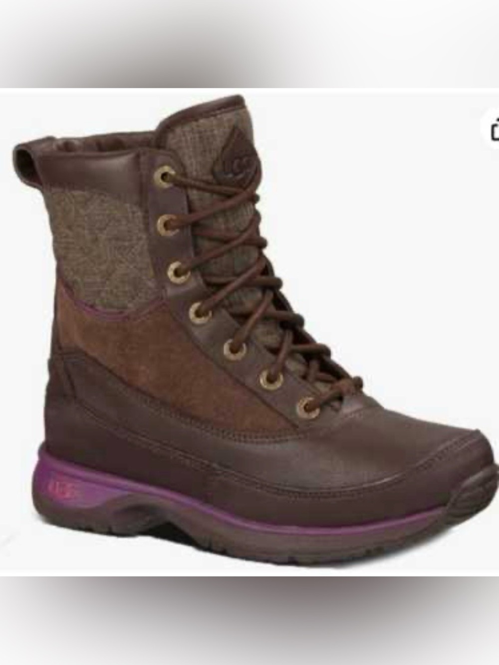 UGG W Carora Women's Brown Lace-Up Insulated Boots with Purple Accent Size 8